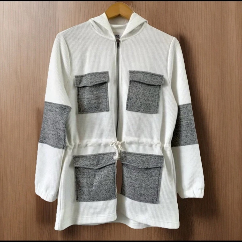 JACK BB DAKOTA Jacket Womens Small White Waffle Knit Gray Sweater Flap Pockets